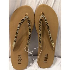 Flojos Spark Flip Flops Women's Size 10 Tan Leopard Rhinestone Strap Sandals NWT